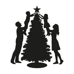 Family Placing Star on Christmas Tree Silhouette Illustration