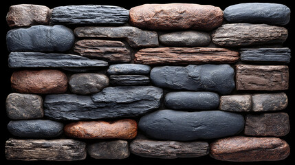 Stacked mixed stone wall texture on a black background for rustic design