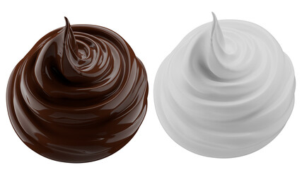 Milk and chocolate splash. Milkshake and melted brown choco isolated on white background. 3d render.