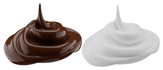 Milk and chocolate splash. Milkshake and melted brown choco isolated on white background. 3d render.