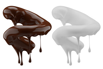 Milk and chocolate splash. Milkshake and melted brown choco isolated on white background. 3d render.