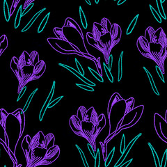 Dark seamless pattern with spring crocus flowers in embroidery handcraft style on blak background. Endless design in handicraft style for bedding, wrapping paper, package, fabric, textile.