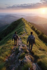Fototapeta premium Two hikers reach a mountain at sunset