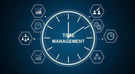 Clock face with "Time Management" text, surrounded by hexagonal icons representing productivity aspects, showcasing effective time utilization and business efficiency