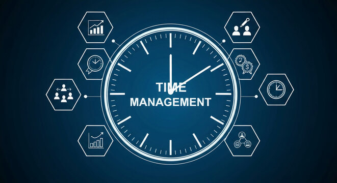 Clock face with "Time Management" text, surrounded by hexagonal icons representing productivity aspects, showcasing effective time utilization and business efficiency