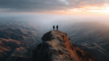 Two hikers reach a mountain at sunset
