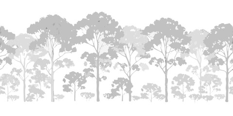 Seamless horizontal pattern of stylized grey trees and foliage against a white background