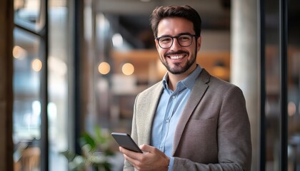Fototapeta premium A man in a gray blazer and glasses holds a smartphone while smiling at the camera in a modern office setting.
