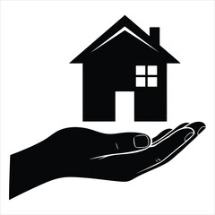 Silhouette of a house held in an open hand, isolated on white background
