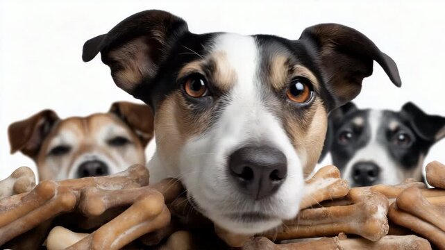 Curious dogs peering over bone pile with focused expressions in sequence