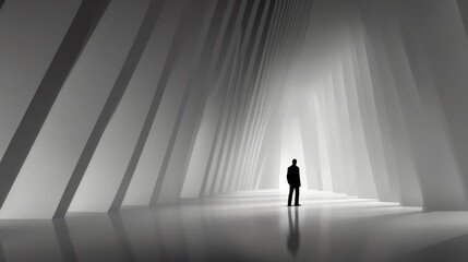Obraz premium A lone businessman stands in a vast, minimalist white hall, contemplating his future