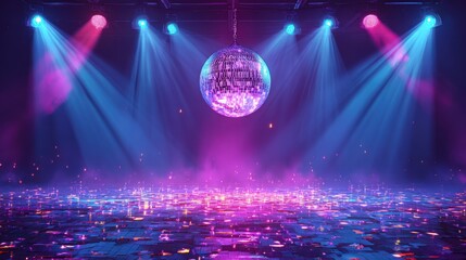 Vibrant disco ball illuminates a dance floor filled with confetti under dramatic stage lighting