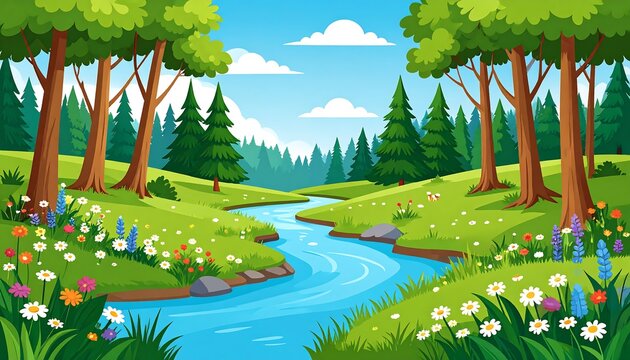 Lush, vibrant forest scene with a winding river. Colorful wildflowers dot a grassy meadow alongside a clear, blue stream, framed by tall trees and a backdrop of rolling hills. A sunny, tranquil day - Powered by Adobe