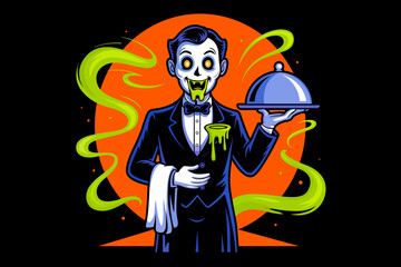 Scary cartoon character zombie waiter Halloween design for sticker, t-shirt, poster, banner, card, clipart. Horror undead monster illustration. Spooky restaurant server design