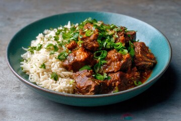 Fototapeta premium Hearty Dish Featuring Stewed Beef and Rice, Garnished With Fresh Green Herbs