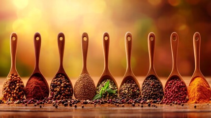 Aromatic spices in wooden spoons, a vibrant culinary still life showcasing diverse seasonings