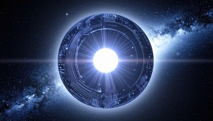 Futuristic abstract digital illustration showcases a glowing sphere adorned with intricate circuit board patterns emitting radiant beams of light, set against a backdrop of a star-filled galaxy...