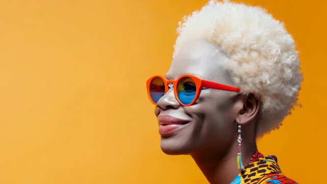 Vibrant expression of joy: stylish woman in colorful fashion and glasses against yellow background