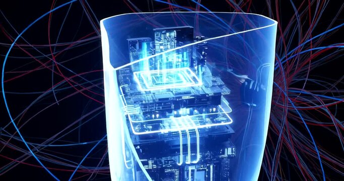 Futuristic glass structure with embedded technology and glowing circuits