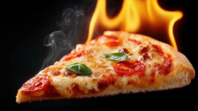 Flaming pizza slice with melted cheese and basil leaves under black background