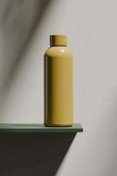 Minimal yellow bottle on green shelf with soft shadows