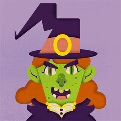 Cartoon angry witch with green face and hat