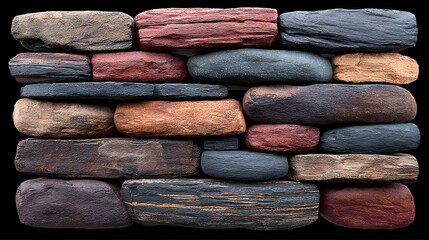 Stacked multi-color stone wall veneer on black background for architectural design