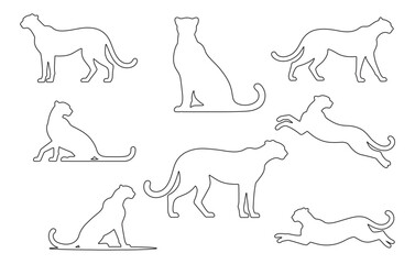 Collection of stylized feline silhouettes demonstrating various poses and movements vector
