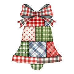 Obraz premium Colorful patchwork bell design with festive patterns and a decorative bow.