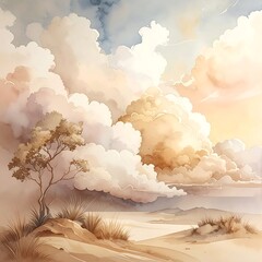 Pastel landscape of a desert scene with dramatic clouds