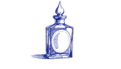 Vintage ink sketch of a blue glass bottle  