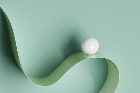 White 3D ball atop flowing ribbon on light green background
