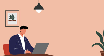 Man working on laptop in modern home office Business remote work productivity concept