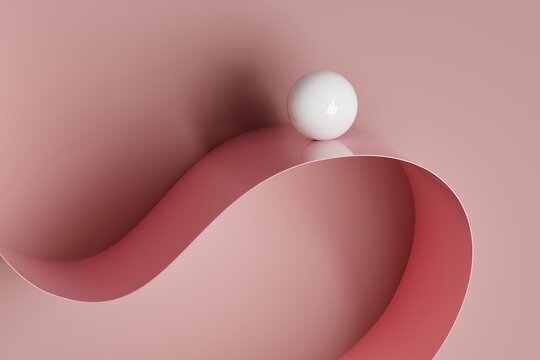 White 3D ball atop flowing ribbon on light pink background