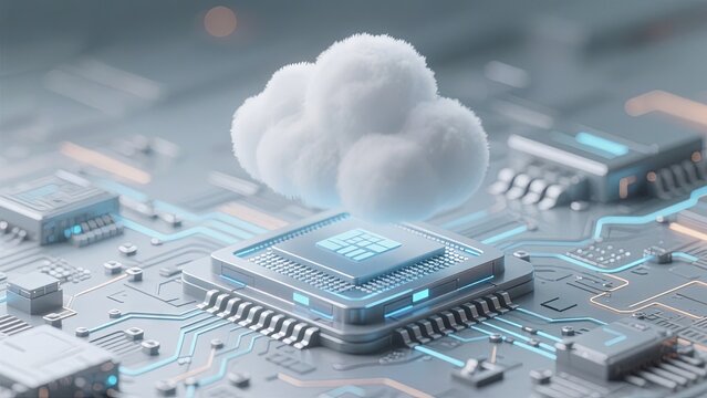 A cloud appears above a sophisticated computer chip, symbolizing cloud computing and modern data management. This scene highlights technology and digital connectivity in a sleek setting