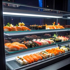 Sushi display case with multiple tiers of various sushi pieces