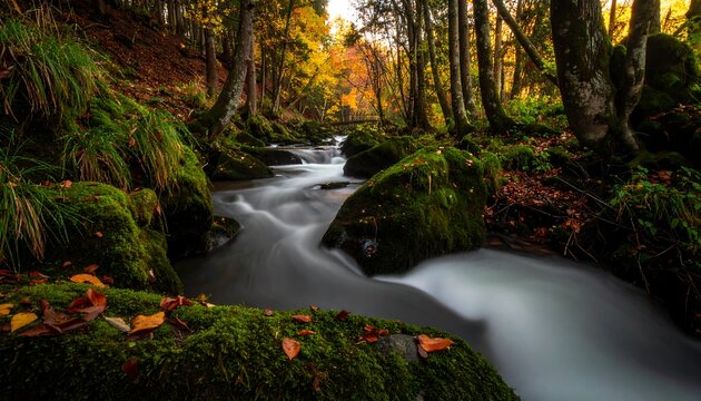 Autumnal forest stream.  A tranquil stream flows through a mossy, autumnal forest.  Fallen leaves and vibrant moss carpet the rocks.  Long exposure creates smooth water movement