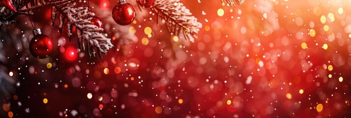 Christmas decorations with red ornaments and pine branches. A warm, festive background, bokeh lights and snowflakes, joyful holiday atmosphere, horizontal banner, copy space, free space for text