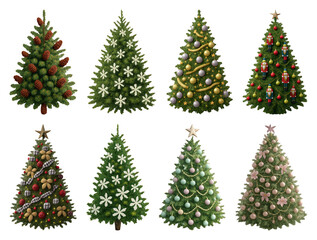 Fototapeta premium PNG Decorative Christmas trees collection, element set on transparent background