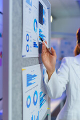 Businesswoman's hand pointing at financial data, charts, and graphs pinned on a board, presenting business analysis report