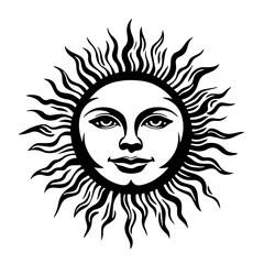 Decorative sun face silhouette — radiant celestial emblem with stylized rays vector illustration