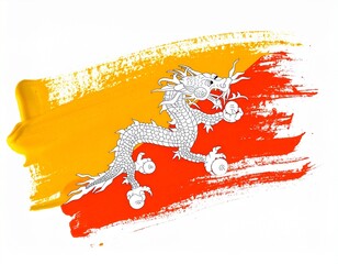 Bhutan Flag Grunge Brushstroke Design with Druk Dragon and Paint Effect on White