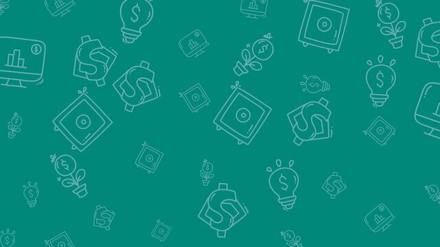 Animated Finance Pattern with Safe, Money, Light Bulb, and Growth Icons on Teal Background for Business Design, Financial Motion Graphics, and Investment Concept Animation