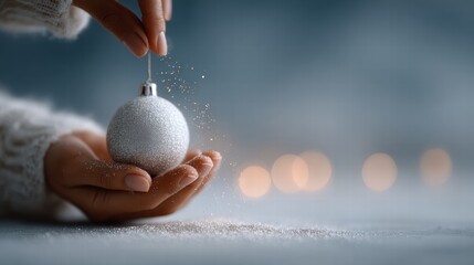 a hand holding a silver Christmas ball