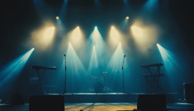 A dark stage is set up with keyboards, drums, microphones, and stage lighting, prepared for a musical performance.