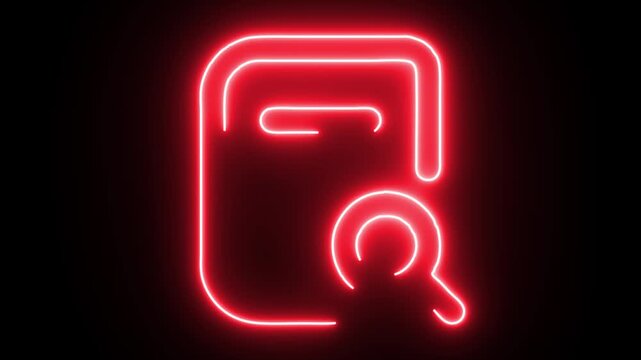 Glowing neon book icon with magnifying glass symbol isolated on black background futuristic research