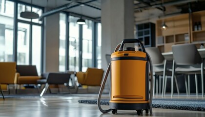 A large orange canister vacuum cleaner sits on a polished floor in a modern office space with large windows and contemporary furniture.