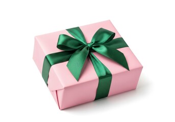 Obraz premium Elegant Pink Gift Box with Green Ribbon on White Background.