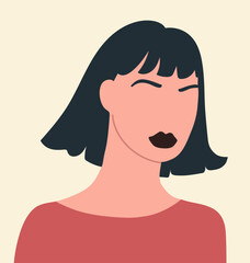 Woman abstract face portrait. Faceless young female character, head avatar. Hand drawn vector illustration.