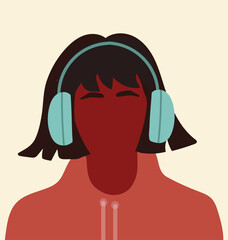 Avatar woman with headphones, head portrait. blank face. Hand drawn vector illustration.